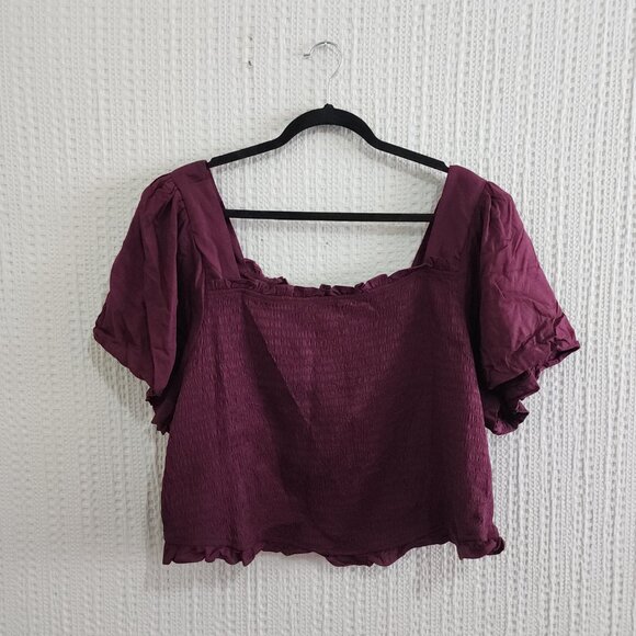 Torrid Stretch Challis Smocked Puff Sleeve Crop Top Burgundy Plus Size 5X NEW - Picture 5 of 13